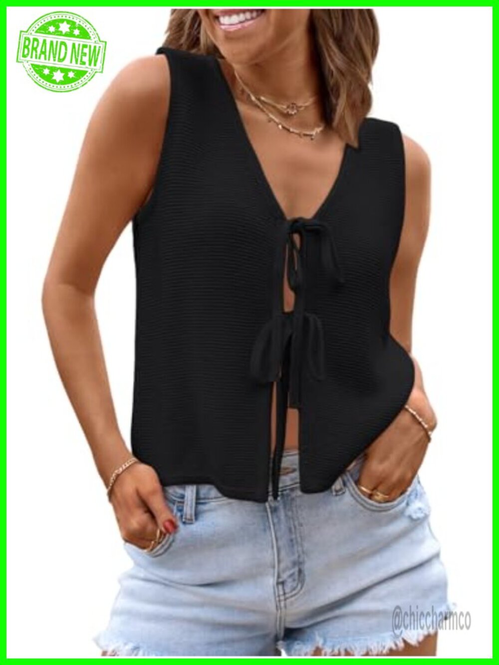 Womens Tie Front Sweater Vest Sleeveless V-Neck Crochet Tank Top Vacation